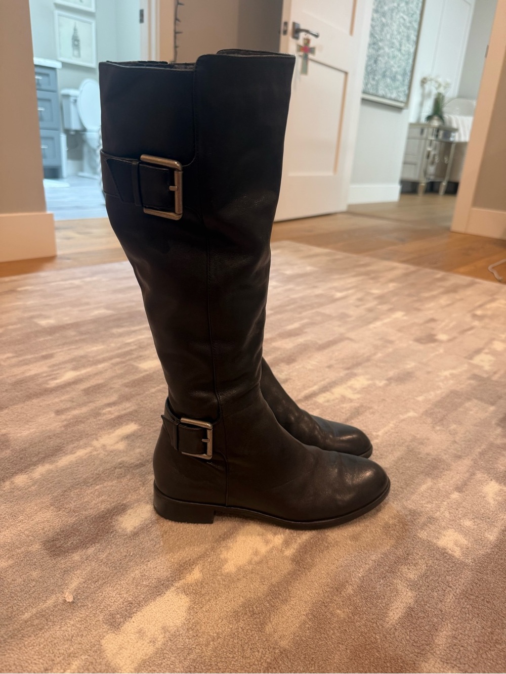 Via Spiga US 7M Classic Black Knee-High Leather Boots with Buckle Detail
